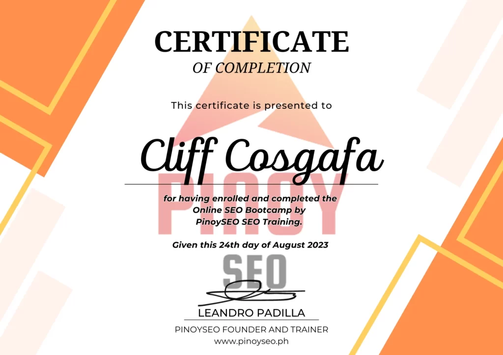 Clifford Cosgafa SEO Certification of Completion