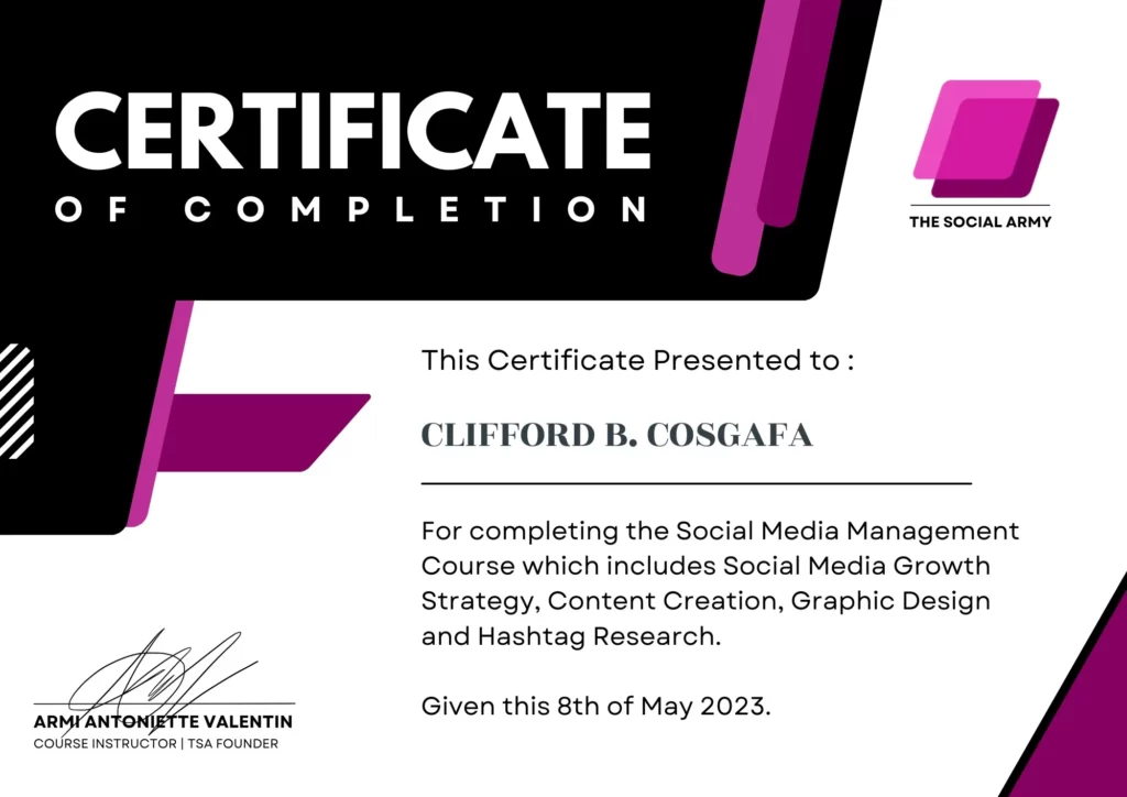 Clifford Cosgafa SMM Certificate of Completion